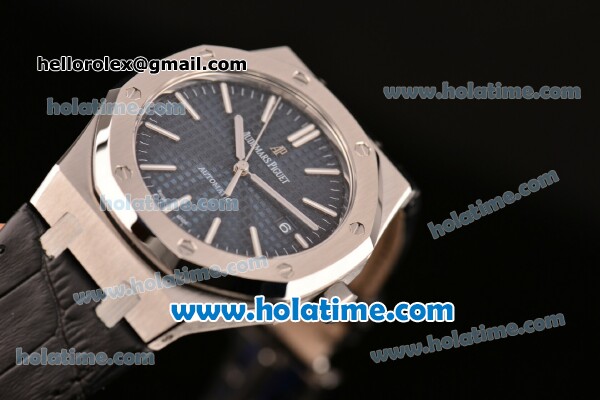 Audemars Piguet Royal Oak Swiss ETA 2824 Automatic Steel Case with Black Leather Strap Stick Markers and Blue Dial ZF Best Edition - Click Image to Close